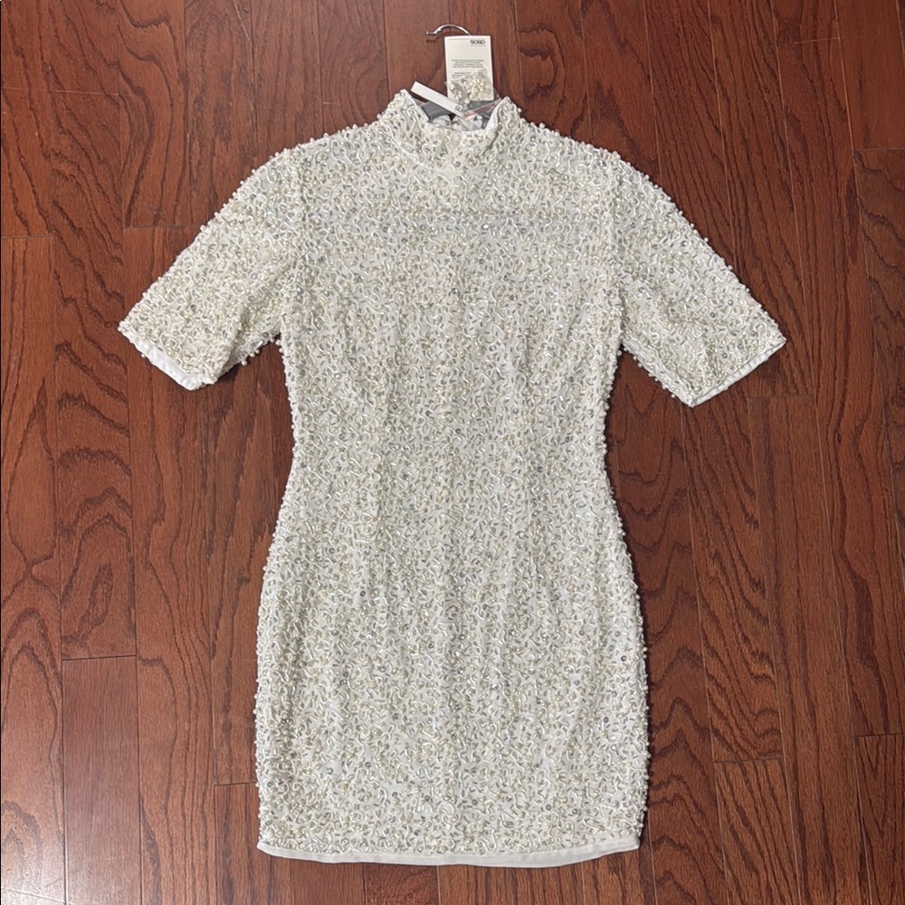 ASOS Cream Mini Sheath Dress with Puff Sleeves and Mock Neck